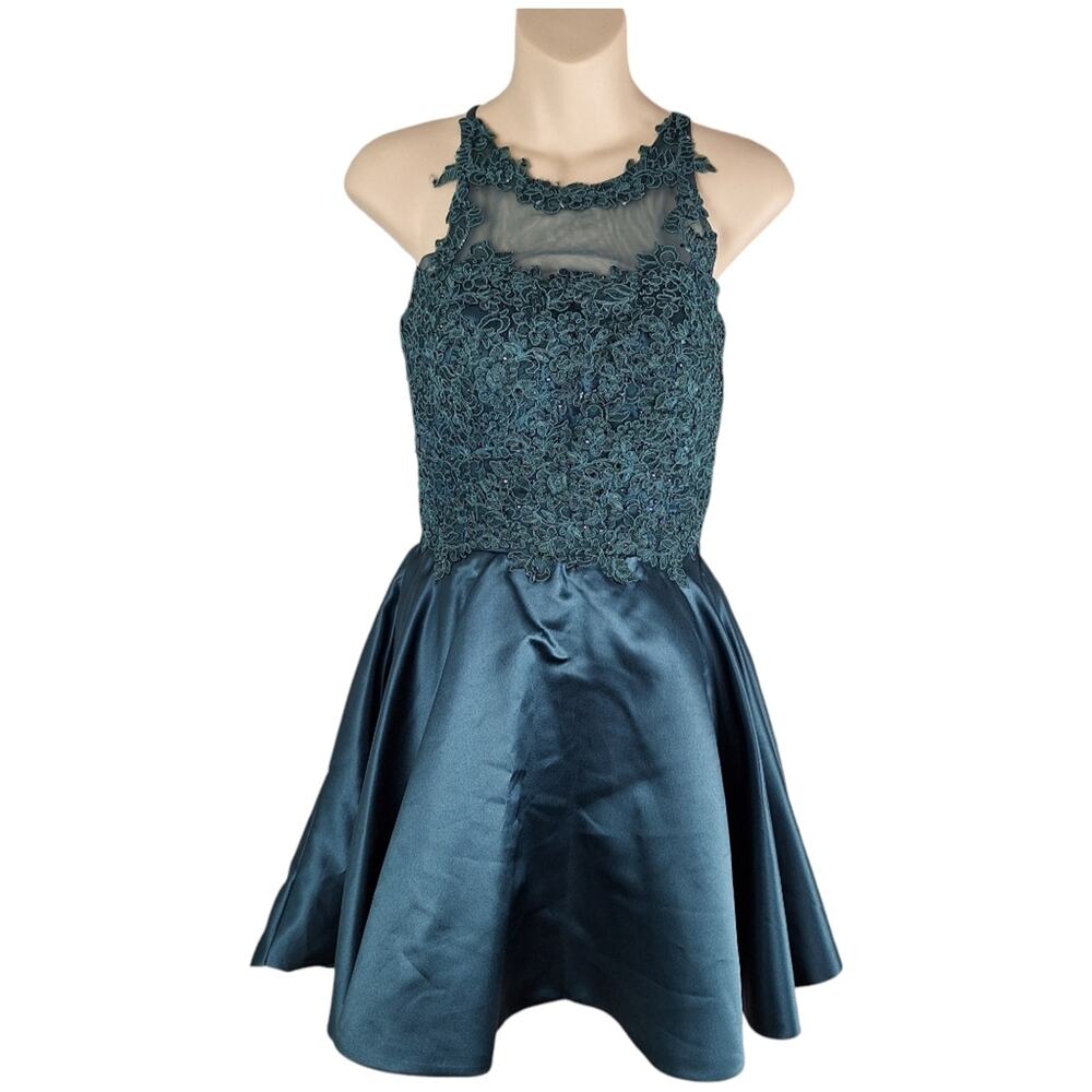 Vnaix Prom Turqoise Halter Mini Dress Ornate Floral Satin Adjustable